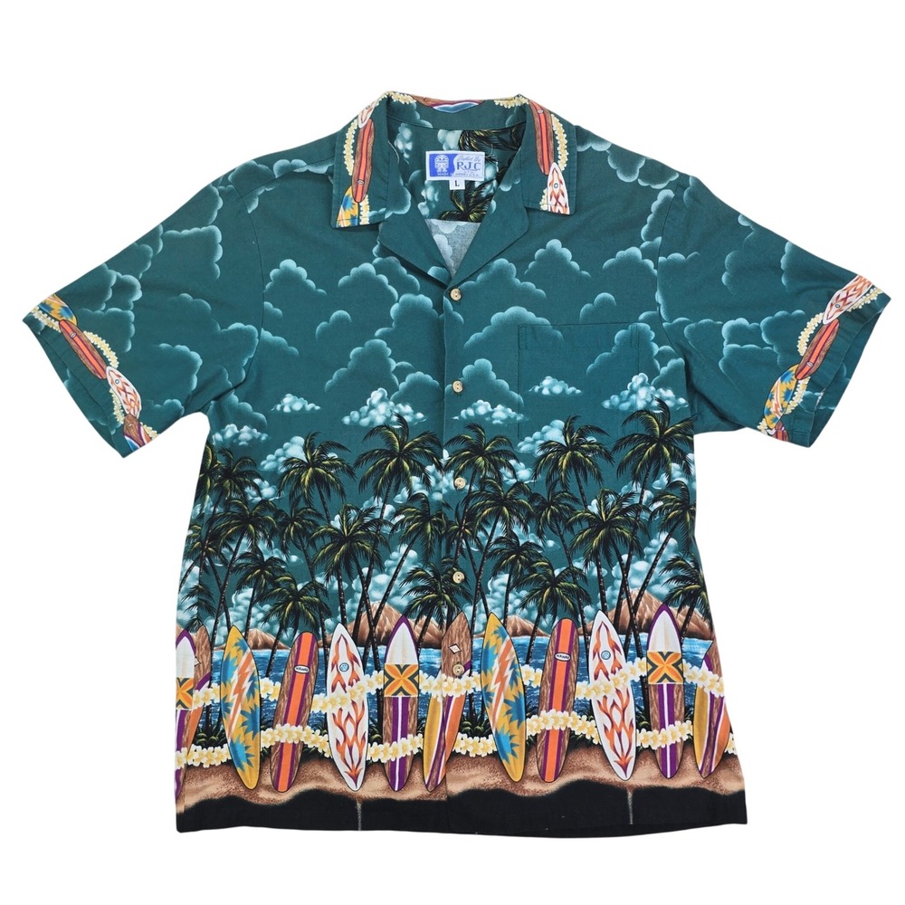 RJC Surfboard Beach Scene Hawaiian Shirt Mens L Teal Green Cotton Made in Hawaii
